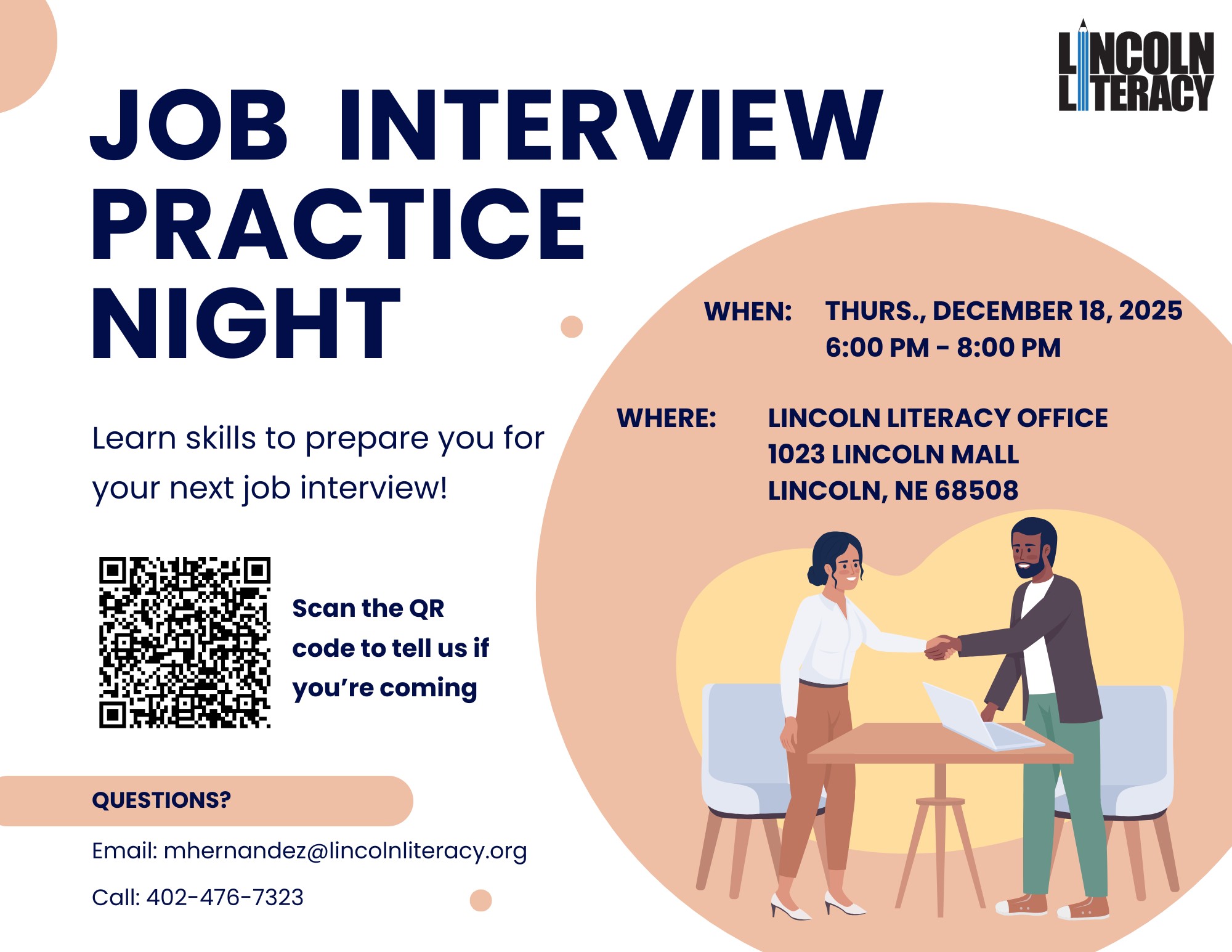 flyer for job interview practice night at lincoln literacy
